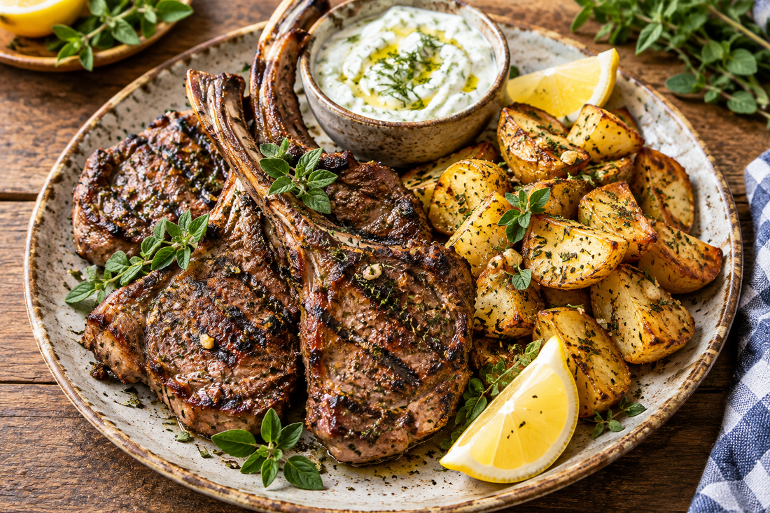 Greek Gyros Lamb Chops with Lemon-Oregano Potatoes