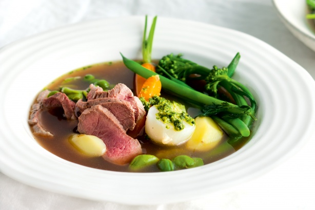 Poached lamb with spring vegetables